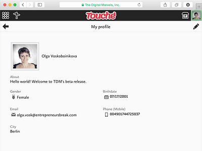 Touché app profile screen profile touché web app