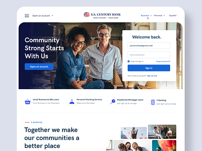 U.S. Century Bank Landing Page - Option B (A/B Testing) bank banking blue brandingweb duotone editorial landing landingpage landinpage red ui ux webdesign