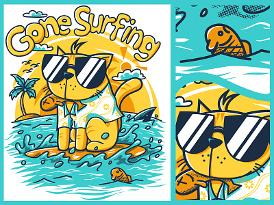 Gone Surfing cat children commission cute fish funny graphicdesign illustration shark surfing t shirtdesign vector