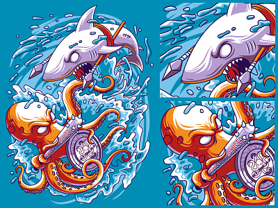 Octopus Vs Shark commission deepsea duel fighting graphicdesign illustration ocean octopus shark shield t shirtdesign vector