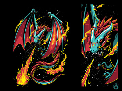 Dragon apparel commission dragon drawing fire flying illustration metal space t shirt t shirt design vector vectorart wild