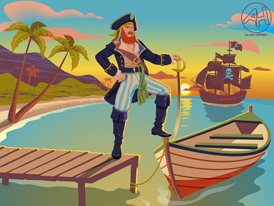 PIRATE SUR LE PONTON background character e learning flatdesign illustration landscape paysage pirate