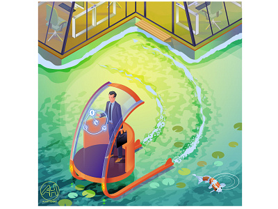 floating office illustration isometric vector