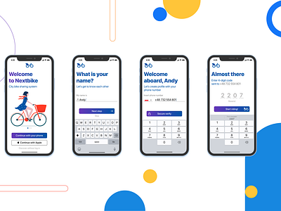 Bike sharing app on boarding screens and log in