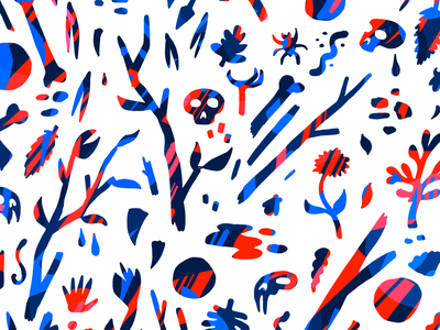 Blue-Red Nature Pattern on White design flotsom monsters nature pattern patterns repeating pattern surface pattern