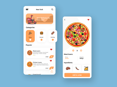 Food Delivery App burger delivery delivery app dish food food delivery app food illustration foodie illustration mobile mobile app design mobile design pizza services soft ui uidesign uiux uxdesign