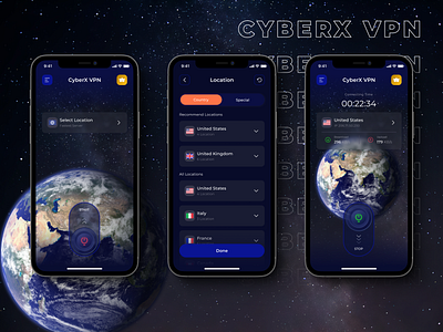 CyberX VPN - Mobile Application concept cyber earth space ui ui ux uiux vpn