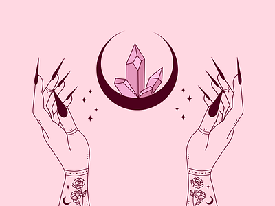 Crystal love. :) celestial crystal gems hands illustration linework magic magical minimalistic moon mystic occult roses stars tattoo witch witchcraft witchy