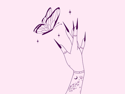 protect me, butterfly🌙 butterfly celestial cosmic elegant flowery hands heavenly illustration linework lovely magical minimalistic moon mystic mystical nails stars witchcraft witchhands witchy