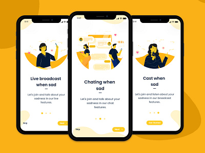 Onboarding - Galau.in animation app flat illustration mobile onboarding sad ui ux vector yellow