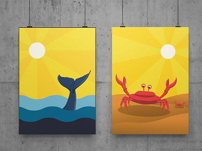 Sunny day! art beach crab digital art illustration ocean poster sea sun vector whale