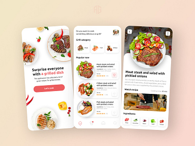 Mobile application for recipes grilled dishes. app design dish grill interface recipe ui ui design uiux ux ux design