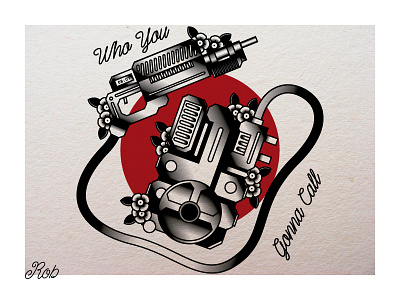 Who you gonna call? black ghostbuster illustration oldschool proton red rifle tattoo traditional white