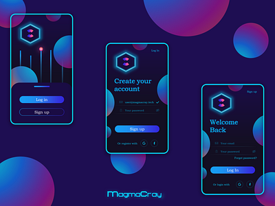Login | Sign Up | Mobile UI | MagmaCray abstract beautiful blockchain clean crypto dark dark theme design illustration magmacray mobile mobile ui neon registration responsive sign in signup simplicity ui uiux