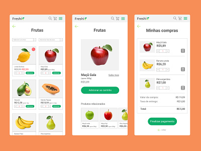 Freshi Hortifruti - Mobile screens app design e commerce food fruits graphic design interface mobile responsive site ui ui design ux vegetables web webdesign website
