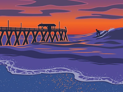 Sunset surfing beach illustration landscape pier