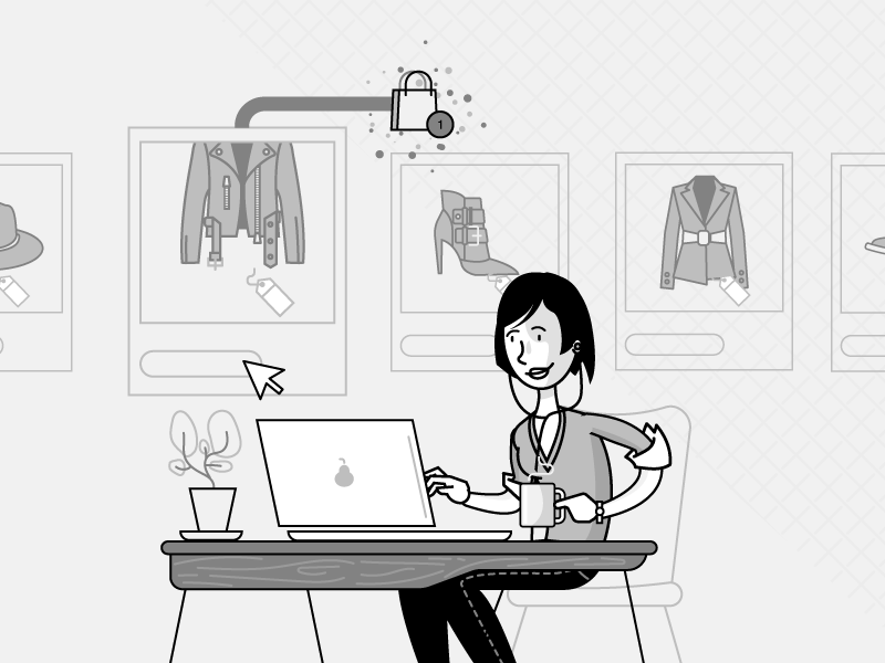 Shopper 1 characters clothes explainer video female illustration laptop retail shopping technology