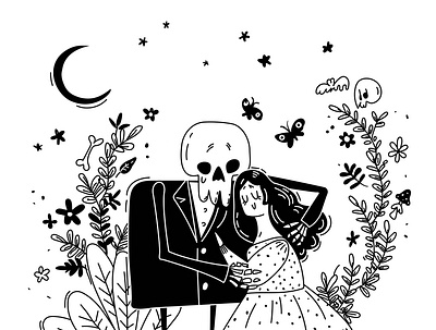 Death and lady. black white blackandwhite characters cute cute illustration death halloween design halloween illustration illustration love