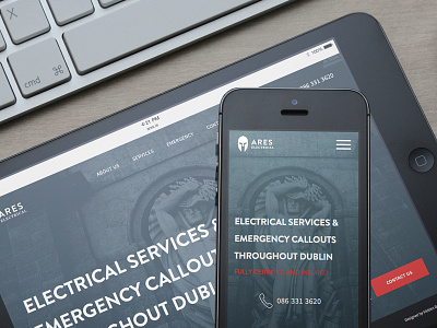 Ares Electrical home page blue electrical fullscreen image ireland mobile red responsive services tablet trade