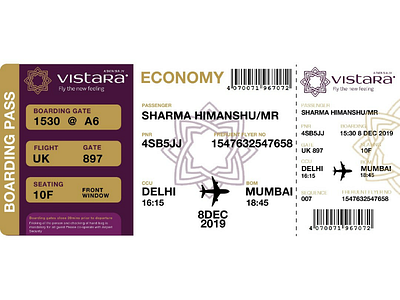 Vistara Airlines Boarding Pass airlines boardingpass design designed designing graphic illustrator photoshop tata vistara work