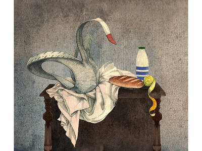 Swan bird bottle bread food illustraion lemon russia still life stilllife swan watercolor watercolour