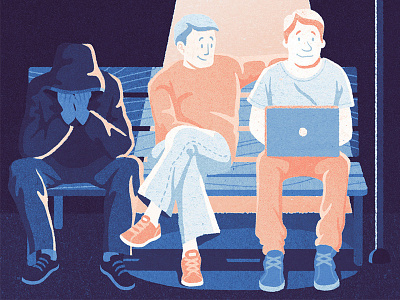 Exclusion bench characters editorial illustration laptop light man neets outcast society