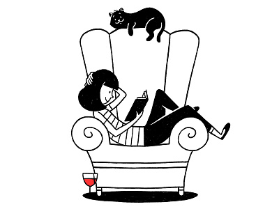 Comfort zone armchair book cat character comfort cute girl home illustration line reading wine