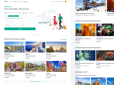 Kiwi.com: Homepage Concept clean collection concept design destination events flight flight search grid illustration place search tours travel ui ux
