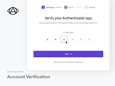 Account Verification - Authenticator App account account settings app authenticator components crypto cryptocurrency login settings sign in ui components uiux uxui verification web web design website