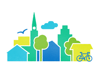 Community bike bird building cloud community house illustration trees