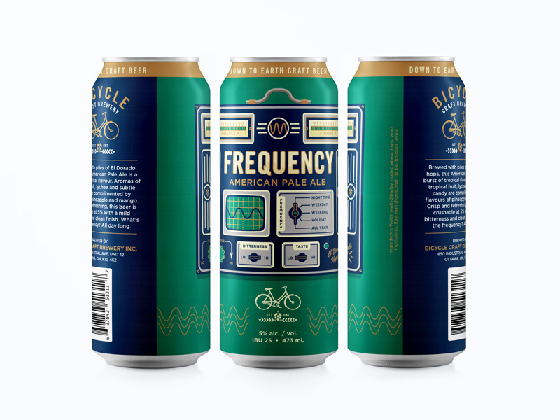 Frequency Can beer can branding identity logo barley hops cog bicycle craft beer