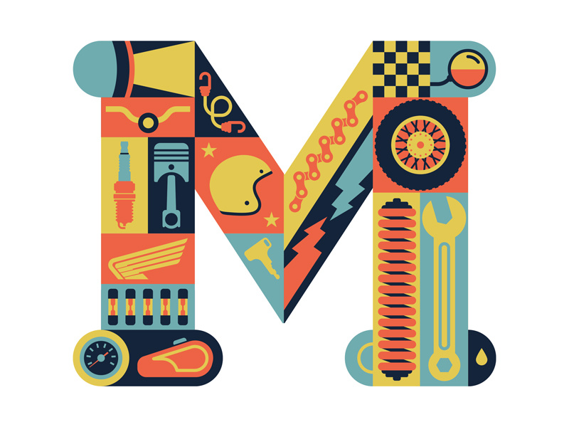 M is for Motorcycle fun key chain mirror gas m illustration wrench wheel piston honda motorcycle
