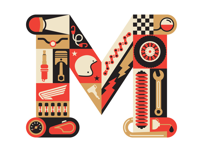 M is for Motorcycle 2.0 fun key chain mirror gas m illustration wrench wheel piston honda motorcycle