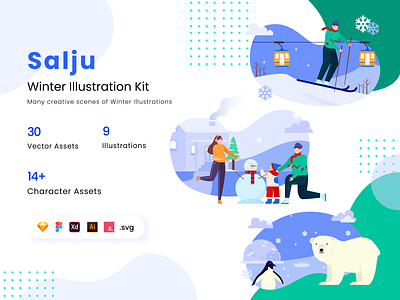 Salju - Winter Illustration Kit app asset bear cold design header ice skate illustration illustration art illustrations penguin snow snowboarding snowflake snowman ui ux vector web winter