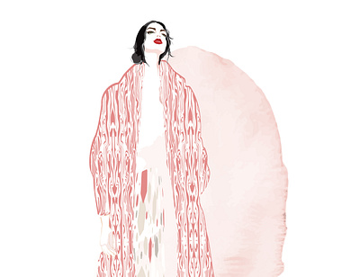 GIRL IN MARBLED COAT avatar avatar icons blogger brand design fashion fashion illustration loose chignon make up marbled print marbled print oversized coat pink skirt poster red and white red lipstick vector