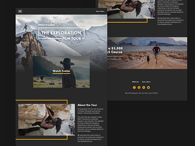 Exploration Film Tour Homepage adventure backcountry skiing education explore film film tour frontend mountains nature nonprofit outdoor recreation outdoors responsive rock climbing running skiing ui web website wilderness