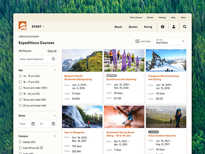 NOLS Course Finder - Expeditions (Grid View) adventure cards course debut education explore filters grid hiking nature nonprofit outdoors responsive results search sidebar sort ui ux web
