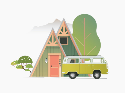 Wip Cabinsdiaries 05 cabins combi gfxmob green moutains nature trees vector wilderness