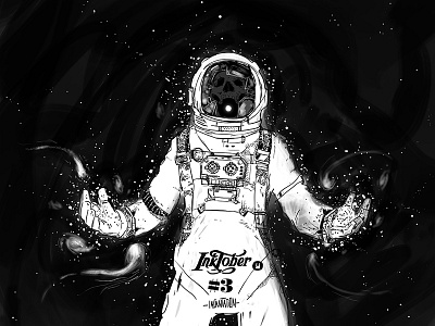 Inktober2018 04 bw cosmonaut death drawings galaxy illustration sketch skull space spell stars