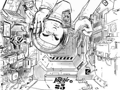 Inktober2018 05 bw chicken cosmonaut drawings hungry illustration inktober iss sketch space