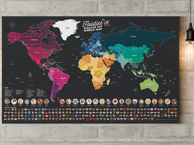 World Scratchable Map with foodies and flags - Phase02 cadeau carte deco decoration flags foodies foodporn gastronomie gift map monde poster present travel travellers voyage world