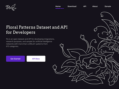 Flo. Floral Patterns Dataset and API - Landing Page clean design dark mode dark theme design figma floral floral pattern floral patterns home page home page design illustration illustration art index page landing page landing page design web web design website website concept website design