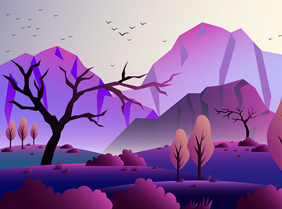 A Purple Morning On A Dessert birds desert desert illustration digital art digital illustration grass illustration illustration art illustration digital illustrations illustrator morning mountains nature nature illustration pink purple purple gradient trees vector