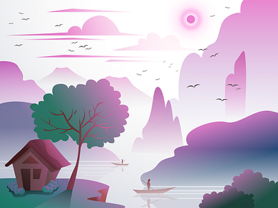 Mountains birds boats calming clouds design figma foggy house illustration illustration art misty mountains pink sun trees vector