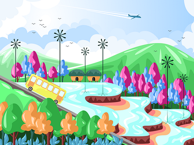 A Journey To The East blue bus clouds colorful design fields figma illustration illustration art journey landscape mountains trees vector