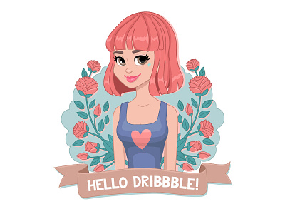 Hello Dribbble! character colorful debut decorative dribbble girl girly hello illustration vector