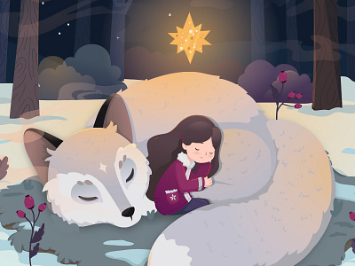 Winter Fairytale Scene childrens story cute enchanted fairy tale forest fox girl illustration silver fox story vector winter