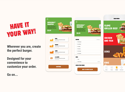 Burger King Mobile App Redesign cont. burger burger king burgers clean design colorful combo customize fastfood figma food foodapp fries impossible ios iphone meal order playful uiuxdesign uiuxdesigner