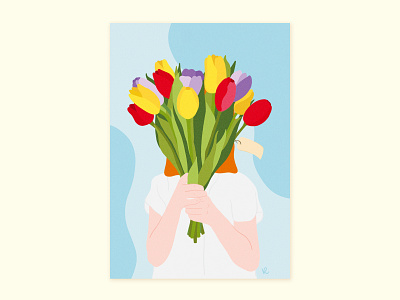 Happy B-day autodesk bouquets contrast digital ginger illustration pastel colors photoshop postcard poster print texture tulips woman woman portrait