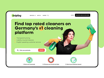 Helpling - Home Services App Landing Page clean concept dashboard green homepage icons illustration interface landing landing page logo minimal redesign search ui ux web website